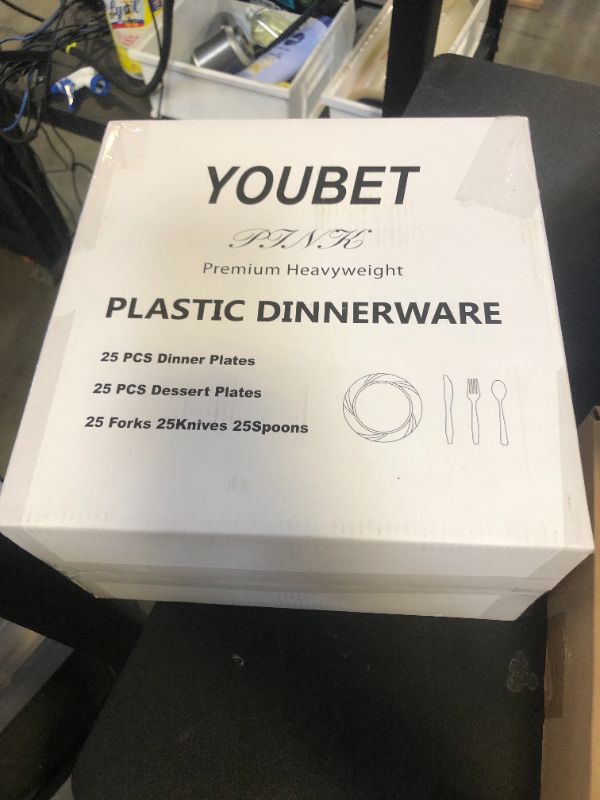 Photo 1 of YOUBET 125Pieces Pink Plastic Plates-Pink Plastic Silverware-Include 25 Dinner Plates 25 Dessert Plates 25 Forks 25 Knives 25 Spoons-Perfect for Wedding/Parties, Light Pink, 10.25‘’ (EA)