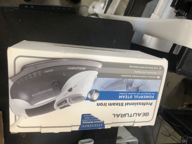 Photo 1 of BEAUTURAL 1800-Watt Steam Iron with Digital LCD Screen, Double-Layer and Ceramic Coated Soleplate, 3-Way Auto-Off, 9 Preset Temperature and Steam Settings for Variable Fabric Gray