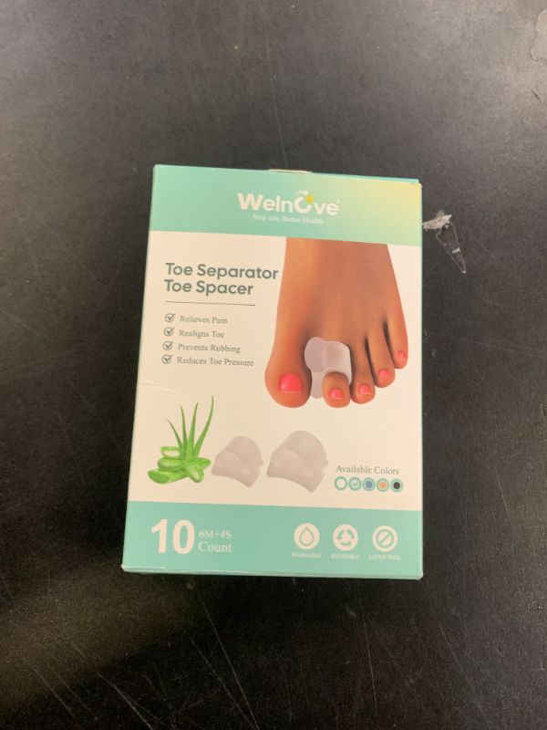 Photo 1 of Welnove Gel Toe Separators - 10 Pack Toe Spacers with Aloe Vera Extract for Overlapping Toes, Bunions, Big Toe Alignment, Bunion Relief - Soft Silicone Toe Corrector for Men Women FSA or HSA Eligible