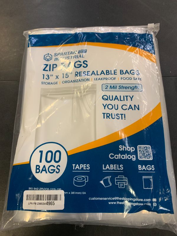 Photo 1 of Spartan Industrial - 13" X 15" (100 Count) 2 Mil Clear Reclosable Zip Plastic Poly Bags with Resealable Lock Seal Zipper