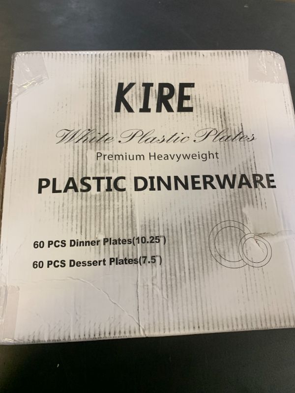 Photo 1 of KIRE 120PCS White Plastic Plates - Heavy Duty White Disposable Plates for Party/Wedding - Include 60Pieces 10.25inch White Dinner Plates - 60Pieces 7.5inch White Dessert/Salad Plates
