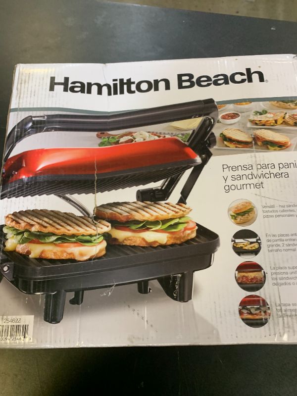 Photo 1 of Hamilton Beach Panini Press Sandwich Maker & Electric Indoor Grill with Locking Lid, Opens 180 Degrees for any Thickness for Quesadillas, Burgers & More, Nonstick 8" x 10" Grids, Red (25462Z)