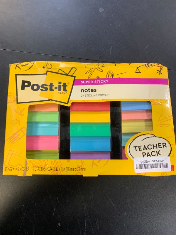 Photo 1 of Post-it Super Sticky Notes Teacher Pack, Assorted Colors, 3 in. x 3 in., 15 Pads/Pack, 45 Sheets/Pad (654-15SSBTS-SR)