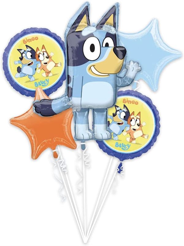 Photo 1 of Bluey Happy Birthday Party Bingo Blue Heeler Dog Puppy 5 Piece Mylar Balloon Set Made in the USA