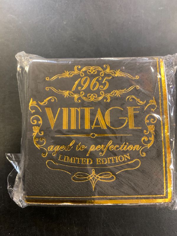 Photo 1 of Crisky 60th Birthday Napkins for Men 60th Birthday Table Decorations Black Gold Vintage 1965 Beverage Dessert Cake Table Decorations Party Supplies 50 Count, 3-ply