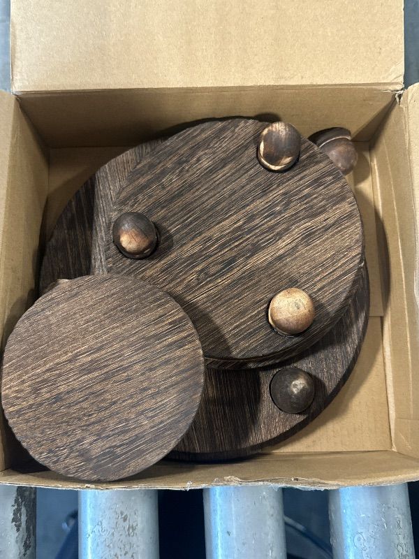 Photo 1 of **1 OF THE LEGS NEEDS TO BE REPAIRED** Amyhill 3 Pcs 8/6/4 Inch Wooden Risers for Display Wood Pedestal Stand Mini Tray Stand Round Wooden Pedestal Holder Rustic Riser for Decor Tiered Tray Decor Home Kitchen(Brown)