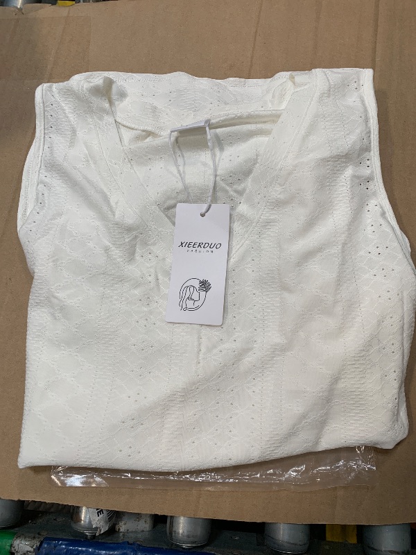 Photo 1 of  XIEERDUO Women's V Neck Tank Tops Summer Sleeveless Ribbed Button Casual Henley Shirts, White, L