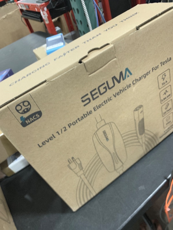 Photo 2 of SEGUMA Level 1/2 Tesla Charger, 16A, 25ft Extension Cable, Dual Voltage 240V NEMA 6-20 Plug & 120V NEMA 5-15 Adapter, NACS Connector, Portable Home Electric Car EV Charger for Tesla Models Y/X/3/S