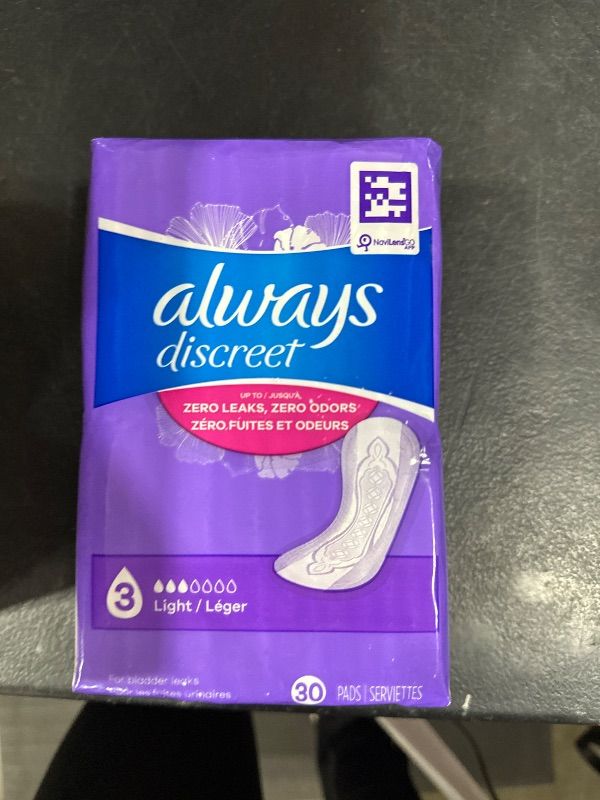 Photo 1 of Always Discreet, Incontinence Light Pads, 3 Drops, 30 Pads each (1 Pack)