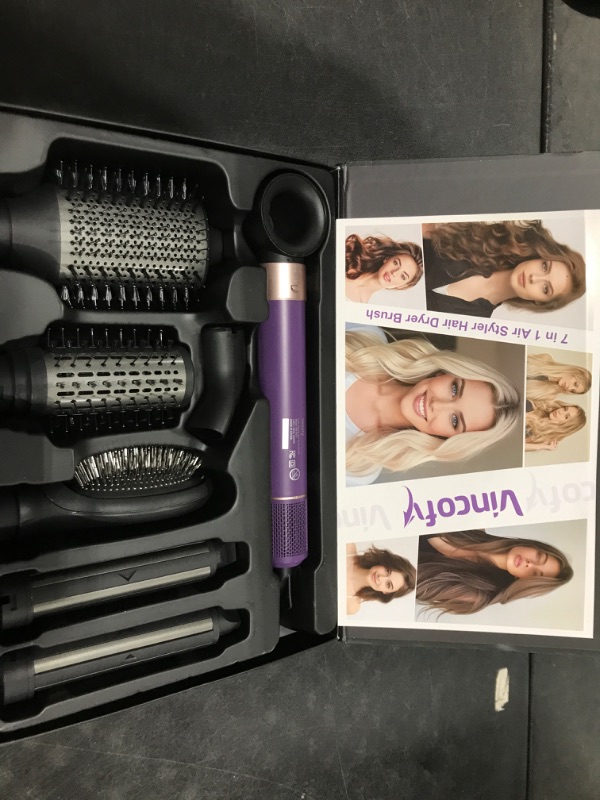 Photo 3 of Vincofy 7 in 1 Blow Dryer Brush and Hair Dryer, Hot Hair Styler with Negative Ion 110,000 RPM Hair Straightener Brush for Fast Drying Straightening Curling Voluming, Suitable for All Hair Types,Purple