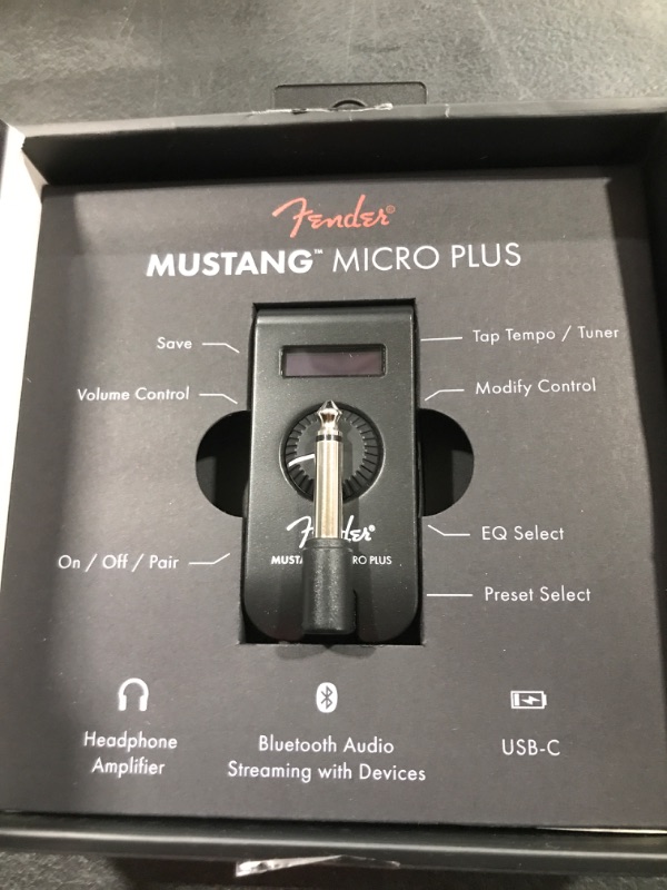 Photo 1 of Fender Mustang Micro Plus Headphone Amplifier with Rechargeable Battery, Bluetooth Audio Streaming and 50 Amp and Effects Models, with 2-Year Warranty