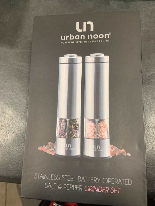 Photo 1 of Electric Salt and Pepper Grinder Set - Battery Operated Stainless Steel Mill with Light (2 Black Mills) - Automatic One Handed Operation - Electronic Adjustable Shakers - Ceramic Grinders
