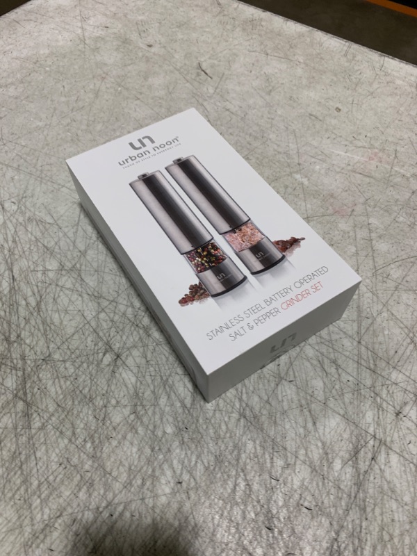 Photo 1 of Electric Salt and Pepper Grinder Set - Stainless Steel Battery Operated Salt & Pepper Mills with Light (Pack of 2) - Automatic One Handed Operation Adjustable Ceramic Grinders