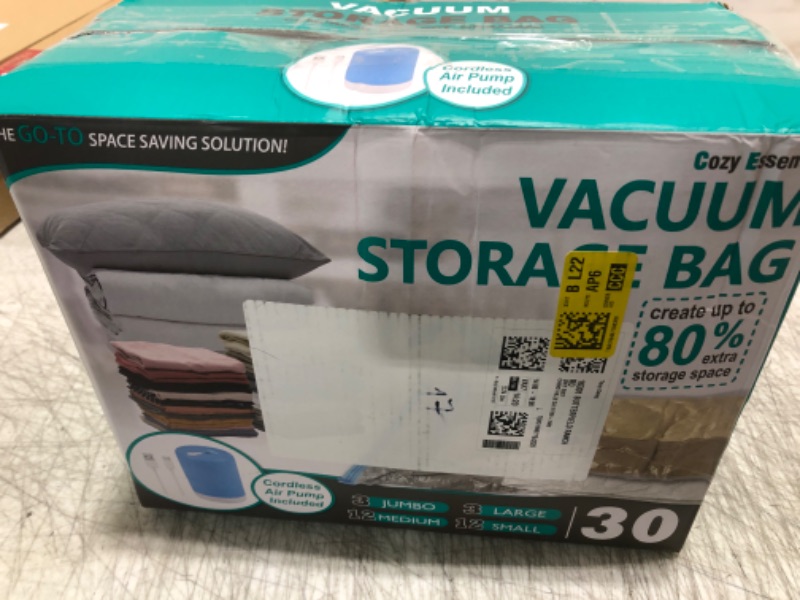 Photo 1 of Vacuum Storage Bags with Electric Pump, 30 Pack (3 Jumbo/3 Large/12 Medium/12 Small) Vacuum Seal Space Saver Bags for Clothing, Pillows, Blanket, Bedding, Comforters