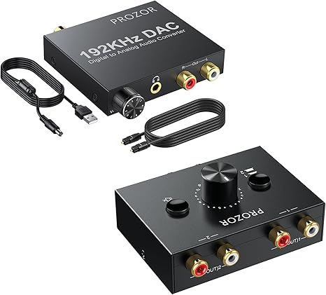 Photo 1 of PROZOR 192KHz Digital to Analog Audio Converter - Upgrade Volume Adjustable + RCA Stereo Audio Switch 2 in 1 Out R/L Stereo Audio Switch 1 in 2 Out Stereo Audio Splitter with Mute Button and No Extern