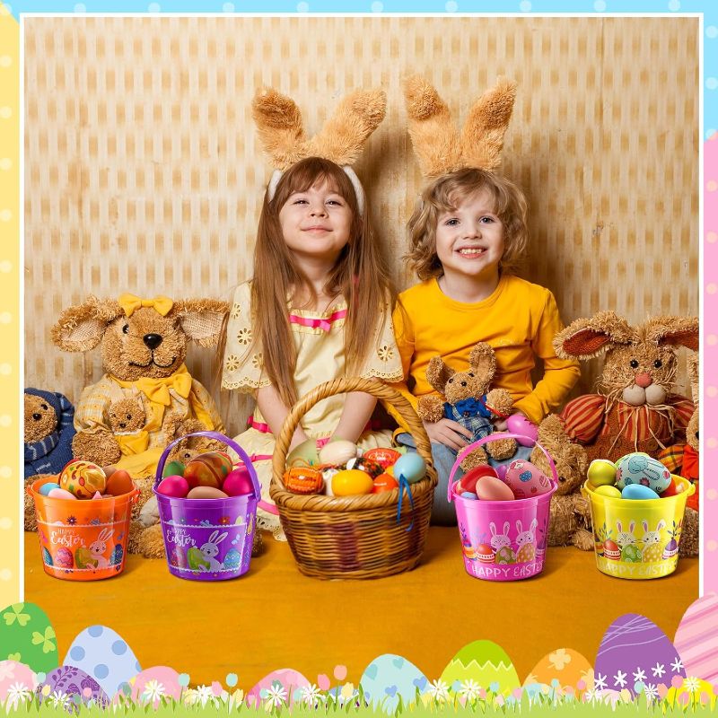 Photo 1 of Plastic Easter Basket with Handles Bulk Colorful Small Cute Bunny Egg Hunt Buckets for Boys Girls Easter Goodies Party Favors Decorations 2 pack 
Colors may vary