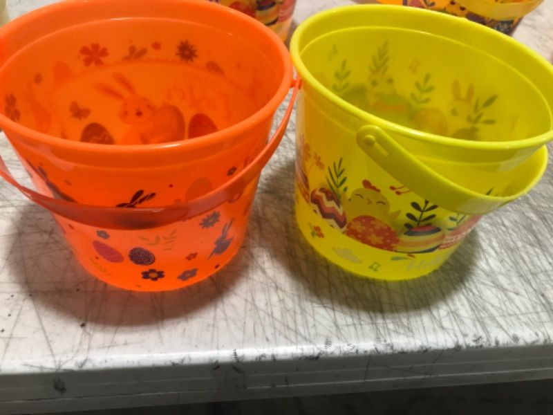 Photo 1 of Plastic Easter Basket with Handles Bulk Colorful Small Cute Bunny Egg Hunt Buckets for Boys Girls Easter Goodies Party Favors Decorations 2 pack 
Colors may vary