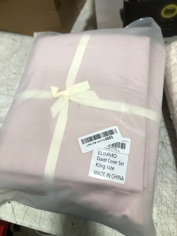 Photo 2 of ELIMMO Bedding Duvet Cover Set Linen Like Texture 100% Cotton 3 Pieces with Zipper Closure Soft Cozy Breathable Natural Dreamy Chic Feel (Hemmed Grey Pink,King)