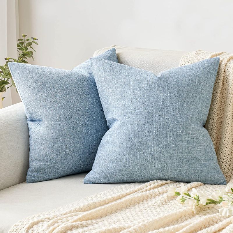 Photo 1 of MIULEE Pack of 2 Decorative Linen Burlap Pillow Cover Square Solid Spring Throw Cushion Case for Sofa Car Couch 18x18 Inch Light Blue