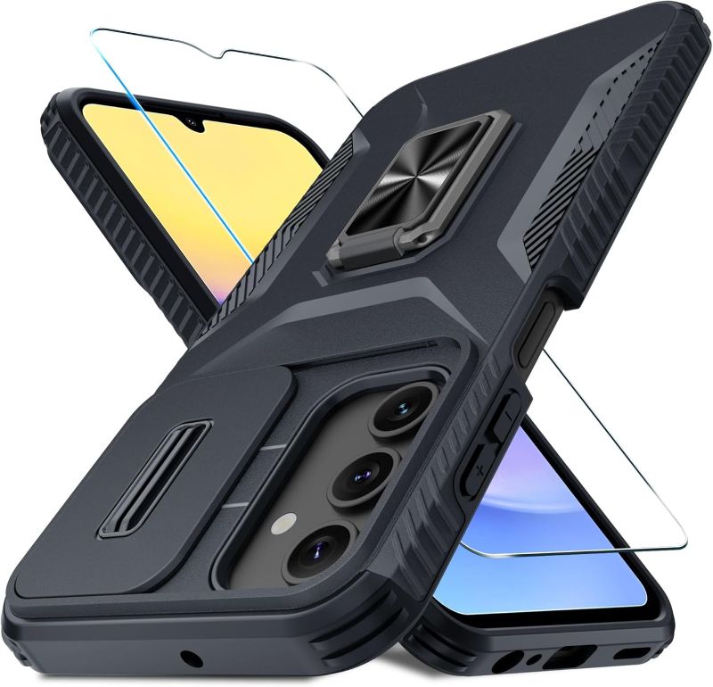 Photo 1 of for Samsung Galaxy A15 5G Case with Tempered Glass Screen Protector and Camera Lens Cover,Rotated Ring Stable Kickstand,Heavy Duty Shockproof Protective Phone Cover-Black