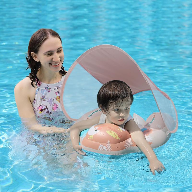 Photo 1 of Swimming Baby Infant Pool Float with Sun Canopy Inflatable Baby Swimming Floatie with Sponge Safety Bottom Support Water Toys Swimming Trainer (Pink, X-Large)