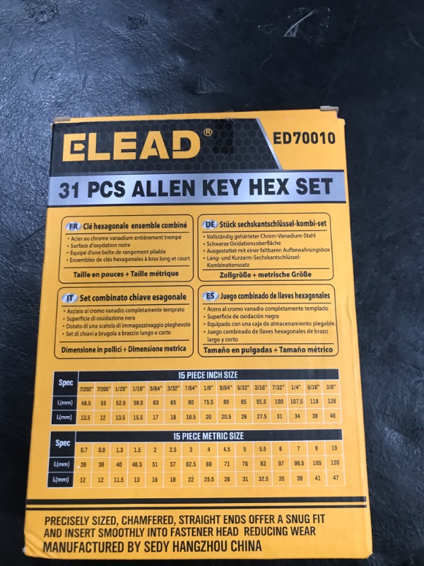 Photo 1 of ELEAD 31-Piece Hex Key Set - Allen Wrench Set, SAE and Metric Allen Keys MM(0.7mm-10mm) SAE(0.028"-3/8) Heat-Treated, Torque Handle, High Leverage, Long & Short Keys, Easy Organization