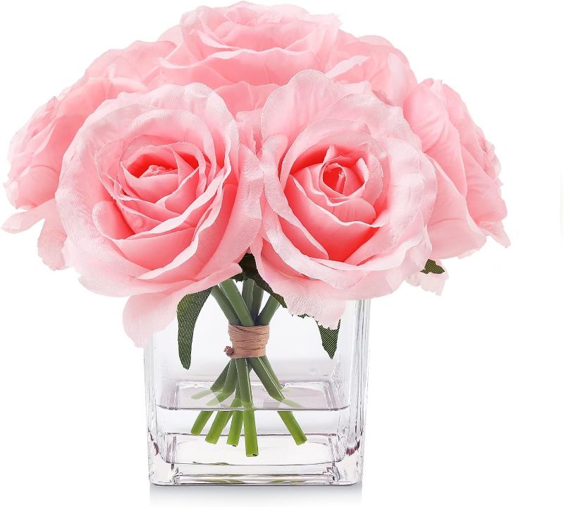 Photo 1 of 7 Large Stem Pink Rose Artificial Flowers in Vase, Fake Rose with Fake Flowers in Vase for Home Decor, Wedding Table (Pink)
