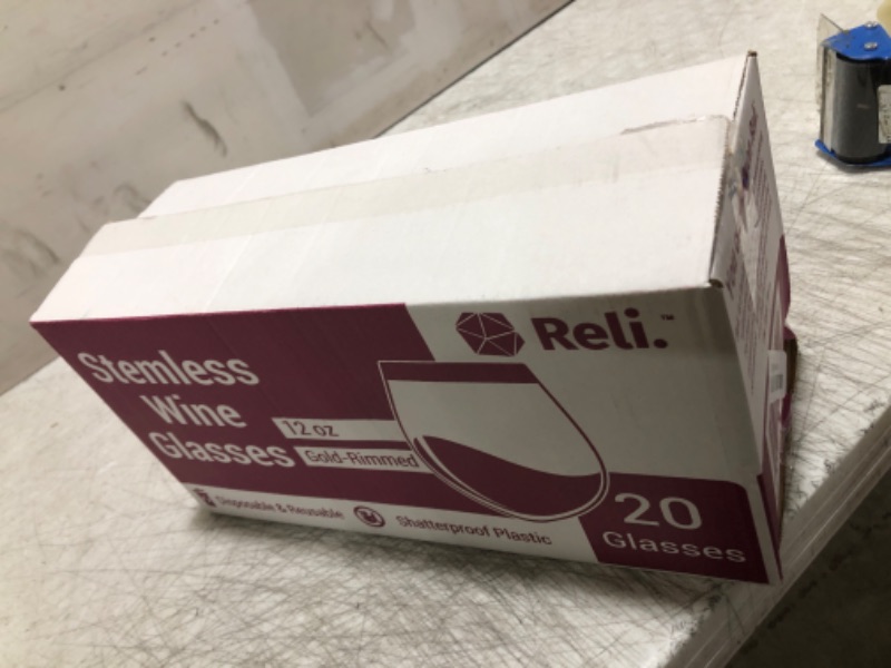 Photo 1 of Reli. 12oz. Disposable Wine Glasses Gold-Rim (20 Pack) Stemless Crystal Clear | Reusable & Recyclable BPA-Free Food-Grade Plastic | Shatterproof Party Cups for Juices, Cocktails, Whiskey Any Occasion