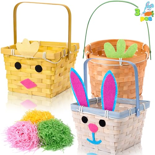 Photo 1 of JOYIN 3 Pcs Easter Bamboo Baskets, Bunny Chick Carrot Baskets with Folding Handle and 150g Easter Raffia Paper Grass, Pink, Yellow & Green Empty Gift