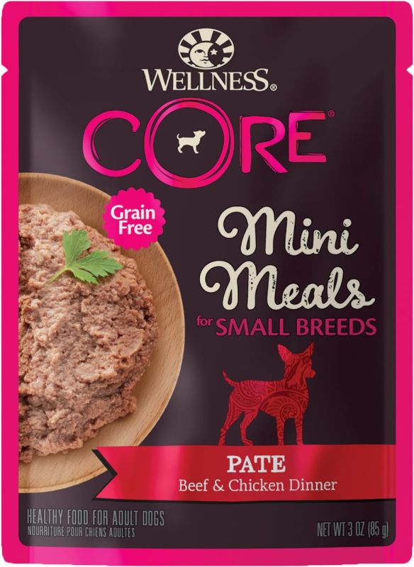 Photo 1 of Wellness CORE Natural Grain Free Small Breed Mini Meals Wet Dog Food, Pate Beef & Chicken Dinner, 3-Ounce Pouch (Pack of 12)