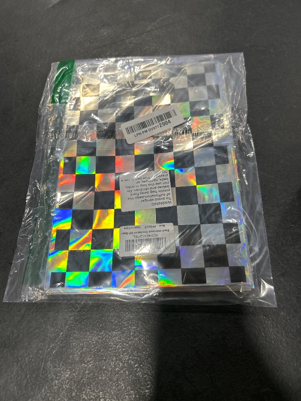 Photo 1 of FunnyPars 50 Pcs Iridescent Checkered Race Car Party Favor Bags, Plastic Black and Iridescent Car Goodie Treat Bags, Racecar Laser Plaid Gift Bags for Kids Fast Race Car Birthday Party Decorations
