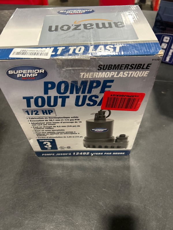 Photo 1 of Superior Pump 91570 3300GPH Thermoplastic Submersible Utility Pump with 10-Foot Cord, 1/2 HP
