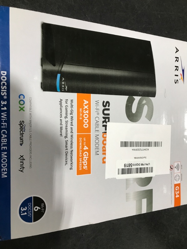 Photo 1 of ARRIS (G34) - Cable Modem Router Combo - Fast DOCSIS 3.1 Gigabit WiFi 6 (AX3000), Approved for Comcast Xfinity, Cox, Spectrum & More, 1 Gbps Max Internet Speeds