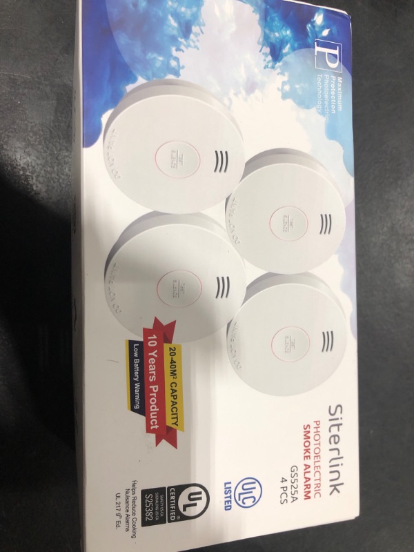 Photo 1 of Siterlink  Detectors 10 Year Battery Operated,UL217-9th Listed Smoke Alarm with Test-Silence Button,Photoelectric Sensor Fire Alarms Smoke Detectors with LED Lights for Home, GS525A (4 Pack)