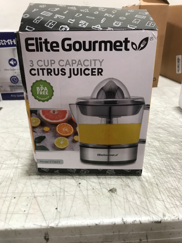 Photo 1 of Elite Gourmet ETS623 BPA-Free Electric Citrus Juicer, Compact, Large Volume, Pulp Control, Oranges, Lemons, Limes, Grapefruits with Easy Pour Spout, 24oz, Black/Stainless Steel