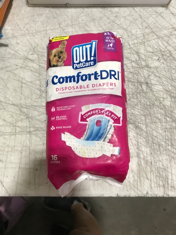 Photo 1 of OUT! Petcare Disposable Dog Diapers for Female Dogs, Dog Heat Diapers, Female Dog Period Pads, Female Doggy Diaper for Peeing, Pet Diapers for Small Pets,13”-18” Waist, XS/Small, 16 Count