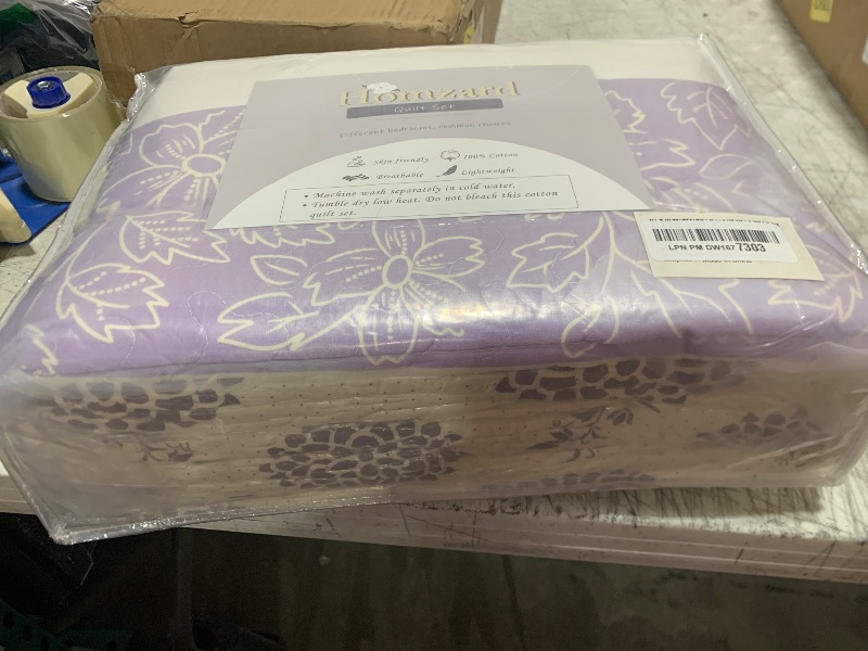 Photo 1 of Homzard Cotton King Size Quilt Set,Purple Beige Quilted Comforter,Striped Floral Pattern Bedding Set,Lightweight Reversible 3 Piece Bedspread,3 Piece