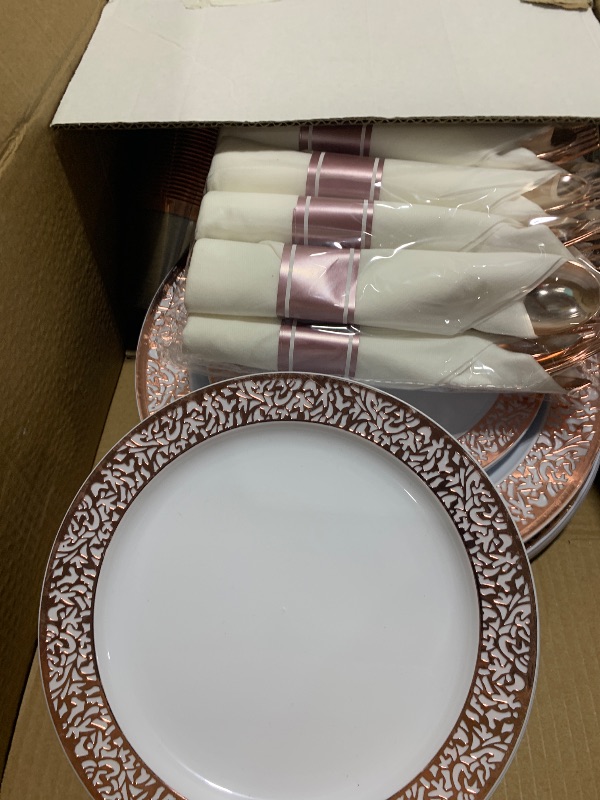 Photo 1 of WELLIFE 350 Pieces Rose Gold Plastic Dinnerware, Disposable Rose Gold Lace Plates, Include:50 Dinner Plates, 50 Dessert Plates, 50 Pre Rolled Napkins with Silverware and 50 Cups for Party