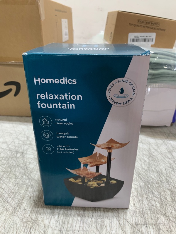 Photo 1 of Homedics Golden Dew Relaxation Tabletop Water Fountain with 3 Tiers, Natural River Rocks, and a Quiet Pump for Soothing Zen Ambiance in Your Home or for Office Décor, Powered by 2 AA Batteries
