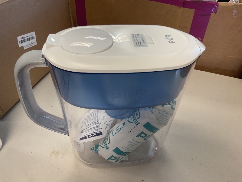 Photo 1 of PUR Plus 11-Cup Water Pitcher, 1 Lead-Reducing Filter, Cleaner, Great-tasting Water, Dishwasher Safe, Powerful Filtration, Filter Change Light Indicator, LockFit Cap Design - White