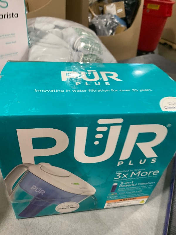 Photo 1 of PUR Plus 11-Cup Water Pitcher, 1 Lead-Reducing Filter, Cleaner, Great-tasting Water, Dishwasher Safe, Powerful Filtration, Filter Change Light Indicator, LockFit Cap Design - White