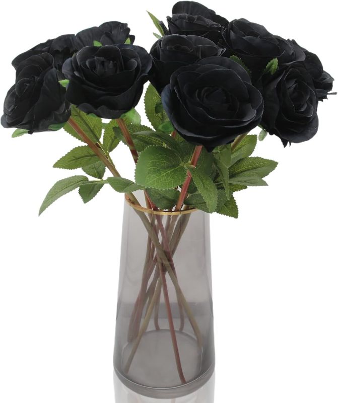 Photo 1 of Hananona Black Artificial Roses for Flower Arrangement, 12 Pcs Silk Black Roses Bouquet for Halloween Home Decoration, Faux Black Roses for Halloween and Gothic Decoration

