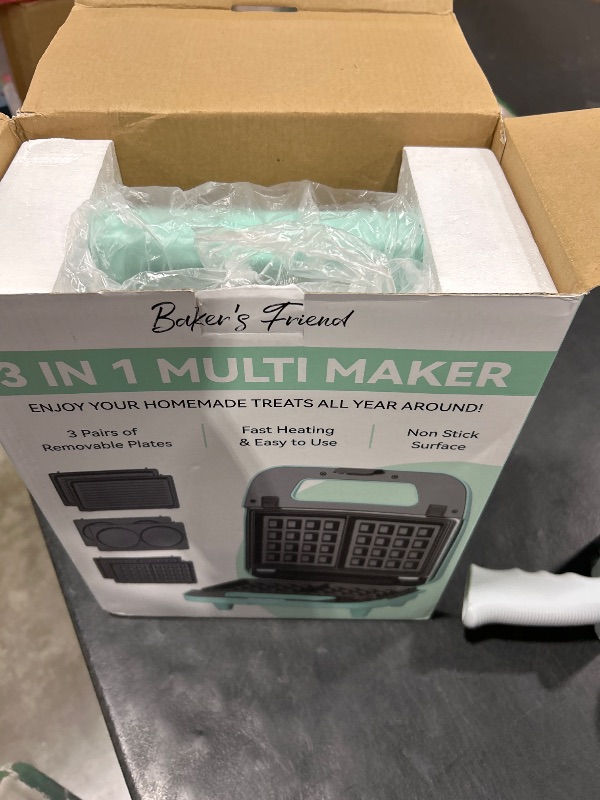 Photo 1 of Baker’s Friend 3 in 1 Mini Waffle Maker with Removable Plates, Mini Pancake Maker, Grilled Cheese Maker, Breakfast Sandwich Maker Press, Mini Indoor Grill, Belgian Waffle Maker, Aqua