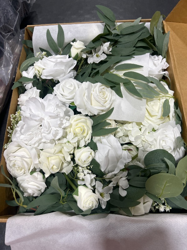 Photo 1 of Ling's Moment Artificial Wedding Arch Flowers Kit Pack of 4, 2pcs Hanging Silk Flowers Arrangement 2pcs Chiffon Drapes Ceremony Spring Fake Rose Arbor Backdrop White Sage Floral Party Outdoor Decor