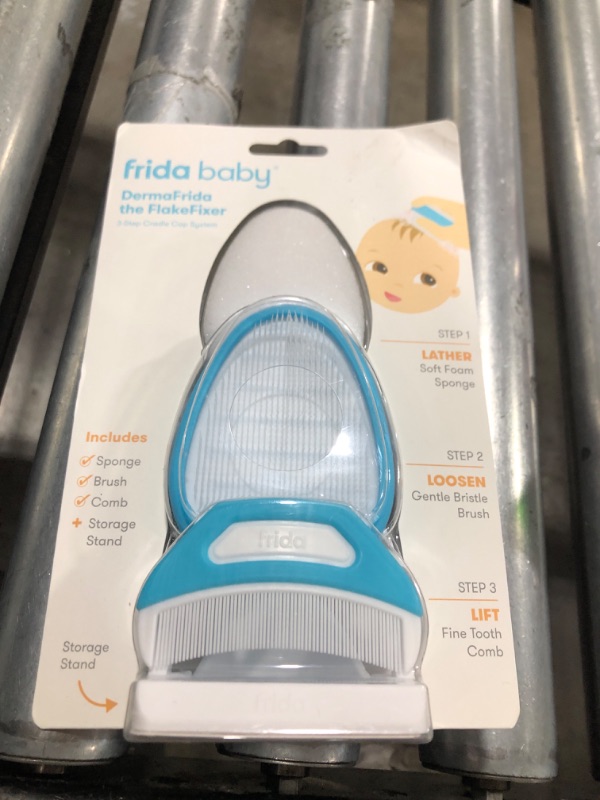 Photo 1 of Frida Baby The 3-Step Cradle Cap System, DermaFrida The FlakeFixer, Sponge, Brush, Comb and Storage Stand for Babies with Cradle Cap, White-Blue