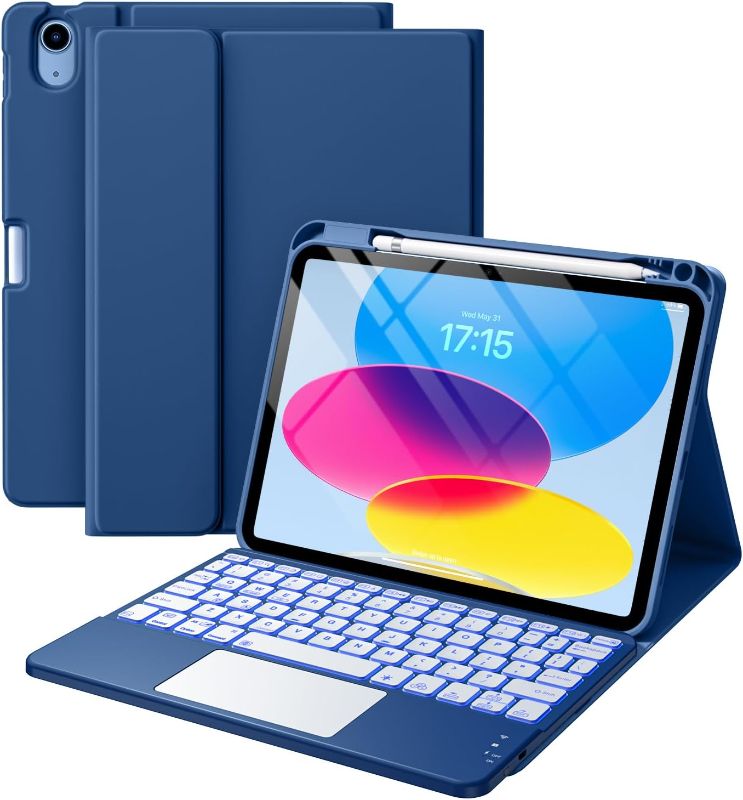 Photo 1 of Compatible for iPad 11th 10th Generation Case with Keyboard, Folio Cover with Pencil Holder, Multi-Touch Trackpad, 7 Color Backlit, Detachable Keyboard for iPad (A16) 11th/10th Gen (Navy Blue)