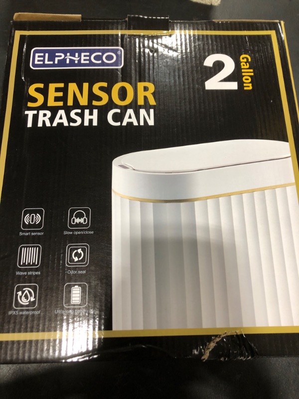 Photo 1 of ELPHECO Automatic Motion Sensor Trash Can - 2 Gallon Slimline for Bathroom, Bedroom, Kitchen, Office - White with Gold Trim