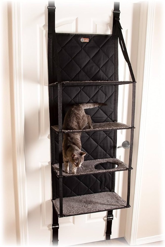 Photo 1 of K&H Pet Products Hangin Cat Tree Door Mounted Cat Furniture, Space Saving Multi-Level Wall Perch Hammock Bed, Interconnecting Levels, Collapsible, Tool-Free Assembly - Gray - Fits Doors <80in H