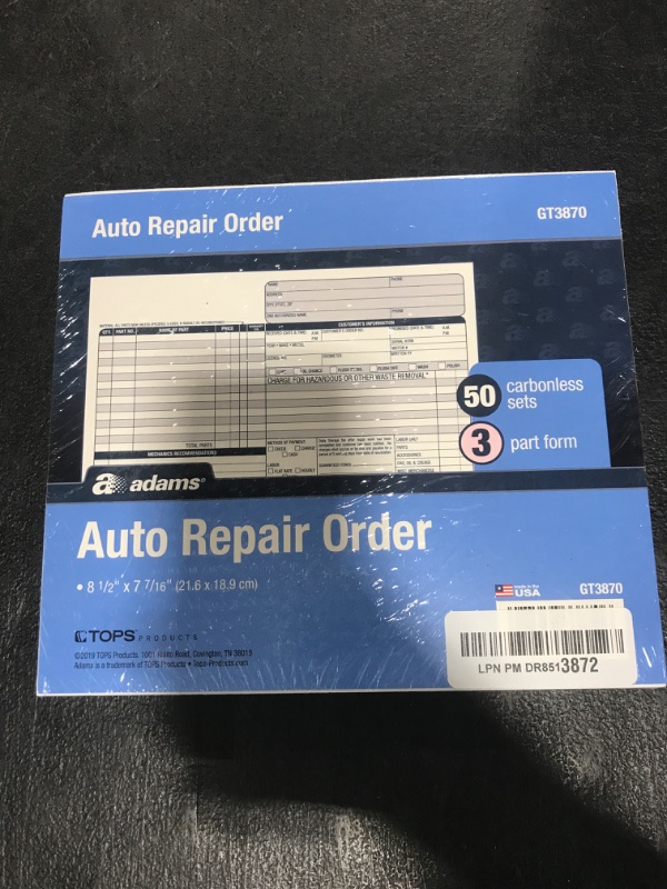 Photo 1 of Adams Auto Repair Order Forms, 8.5 x 7.44 Inch, 3-Part, Carbonless, 50-Pack, White and Canary (GT3870)