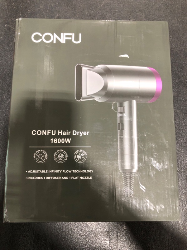Photo 1 of CONFU Ionic Blow Dryer 1600W, Portable Lightweight Fast Drying Negative Ion Hairdryer Blowdryer, 3 Heat Settings & Infinity Speed, with Diffuser and Concentrator Nozzle for Home & Travel